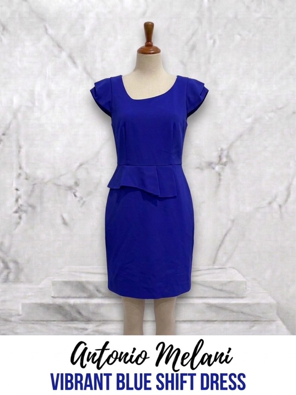 ANTONIO MELANI Royal Blue Peplum Shift Midi Dress Size 6